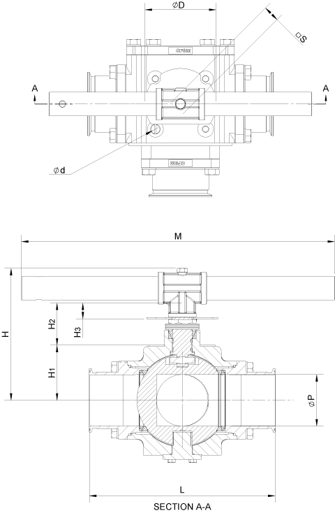 507F 3/4/5-Way Sanitary Ball Valve: 3in-4in Schematic Diagram