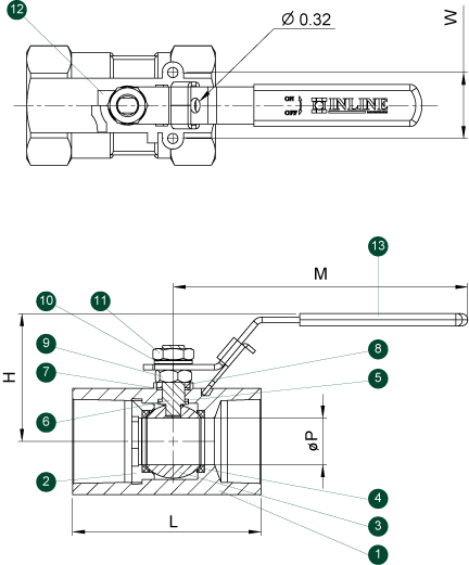 102R Ball Valve: 1-Piece Reduced Port Schematic Diagram