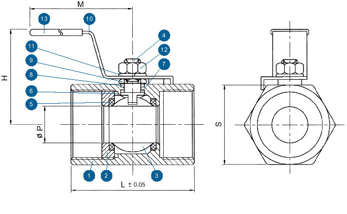 103R Ball Valve: 1-Piece Reduced Port Schematic Diagram