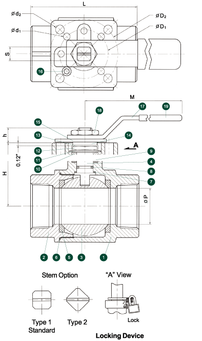204F Ball Valve: 2-Piece Full Port Schematic Diagram