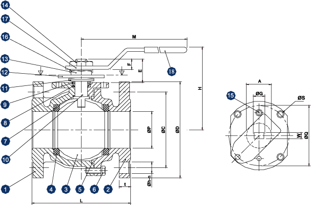 209F Ball Valve: 2-Piece Full Port Schematic Diagram