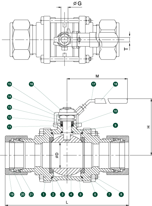 302C Instrumentation Ball Valve: 3-piece Compression Ends Schematic Diagram