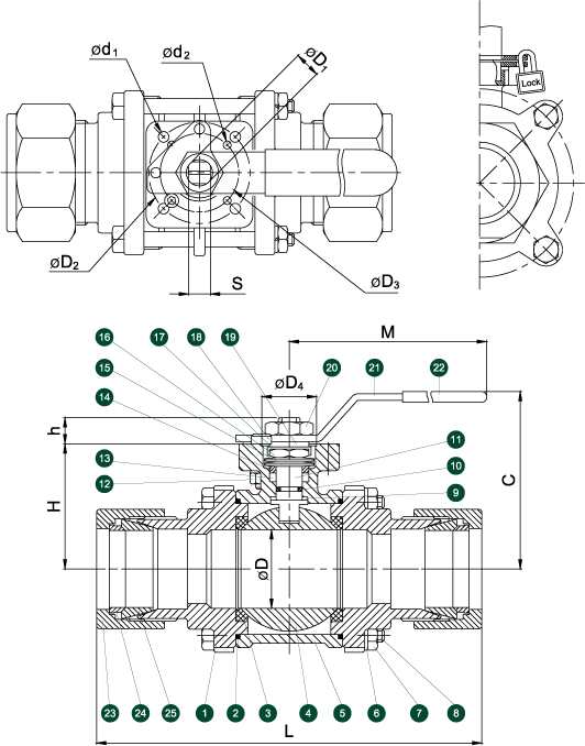 302C Instrumentation Ball Valve: 3-piece Compression Ends Schematic Diagram
