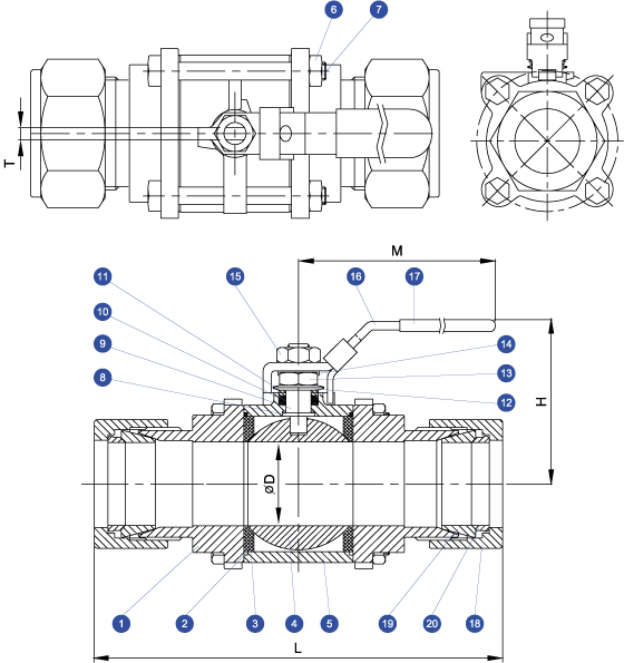 317C Instrumentation Ball Valve: 3-piece Compression Ends Schematic Diagram