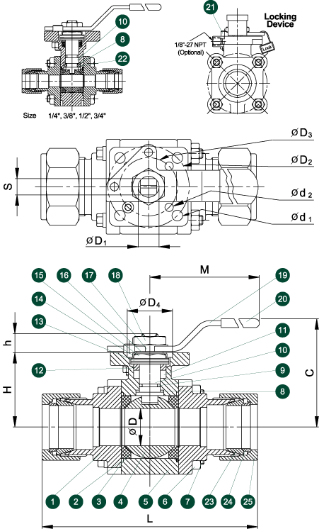 334C Instrumentation Ball Valve: 3-piece Compression Ends Schematic Diagram