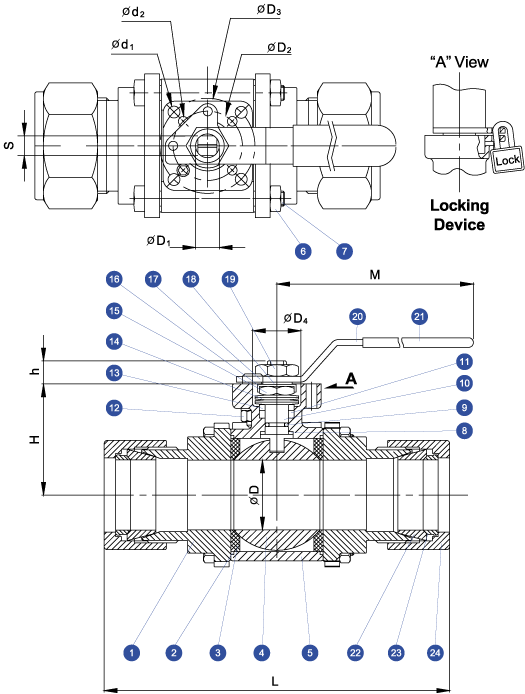 337C Instrumentation Ball Valve: 3-piece Compression Ends Schematic Diagram